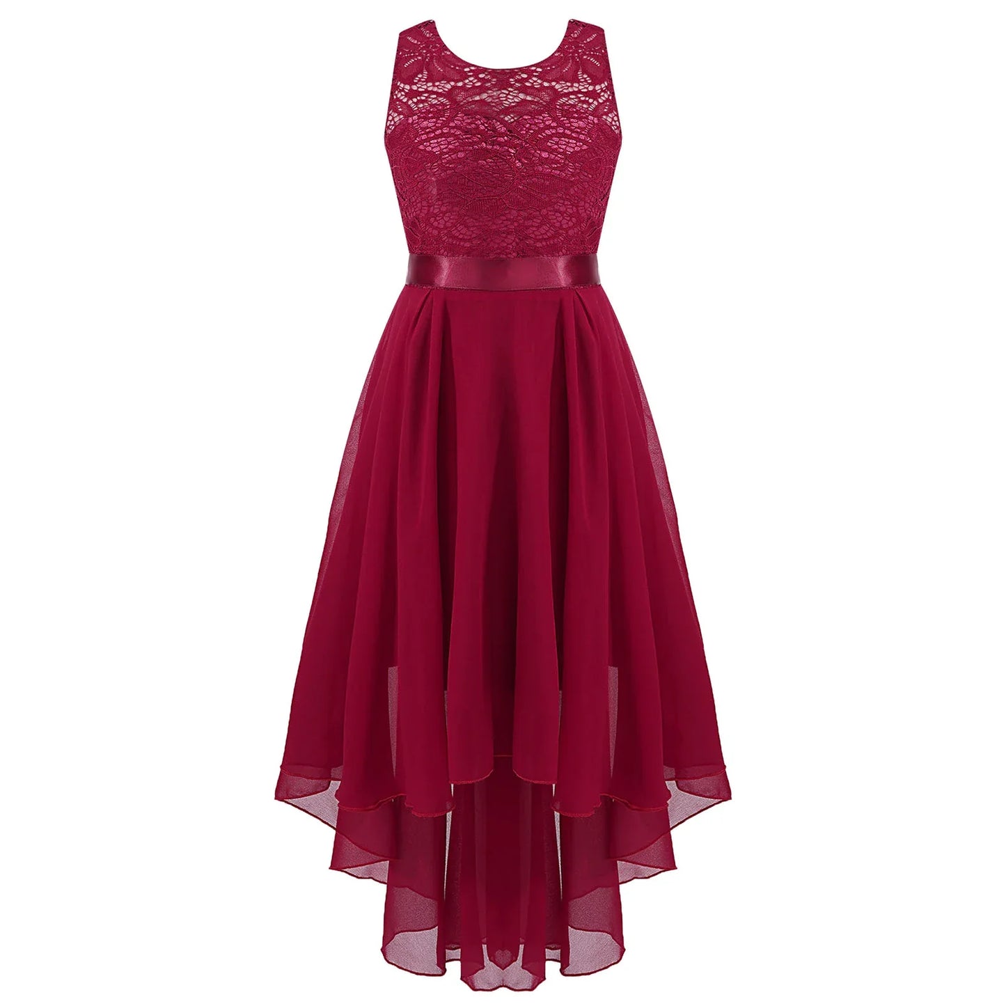 Girls Lace Floaty Dipped Hem Dress (Age 6-16 Years) Burgundy