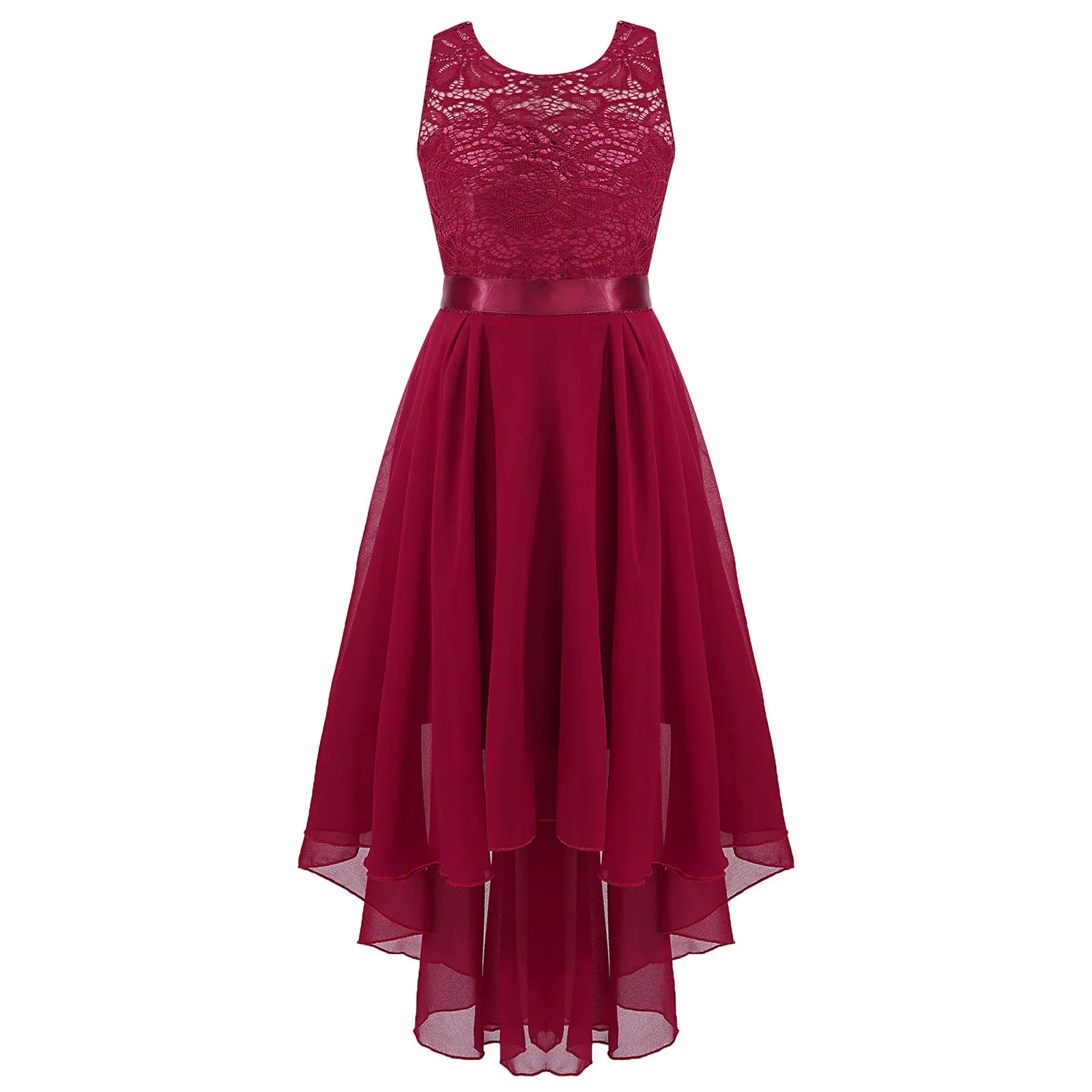 Girls Lace Floaty Dipped Hem Dress (Age 6-16 Years) Burgundy