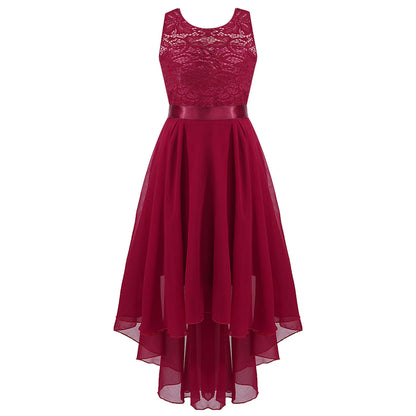 Girls Lace Floaty Dipped Hem Dress (Age 6-16 Years) Burgundy