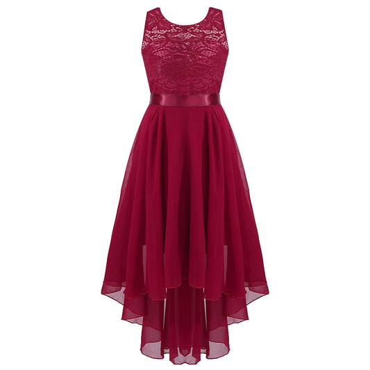 Girls Lace Floaty Dipped Hem Dress (Age 6-16 Years) Burgundy