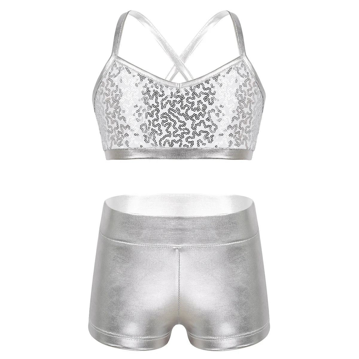 Girls Dance Gymnastics Leotard Sequin Top & Shorts (Age 6-14 YRS) Silver