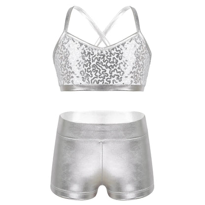 Girls Dance Gymnastics Leotard Sequin Top & Shorts (Age 6-14 YRS) Silver