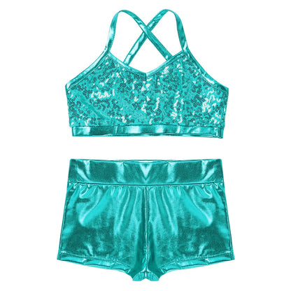 Girls Dance Gymnastics Leotard Sequin Top & Shorts (Age 6-14 YRS)