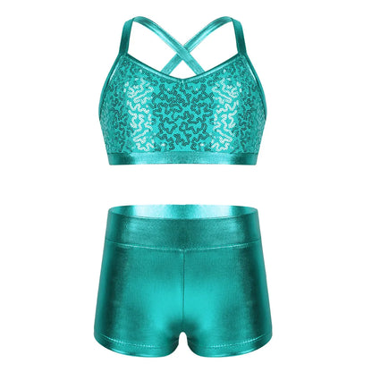 Girls Dance Gymnastics Leotard Sequin Top & Shorts (Age 6-14 YRS)