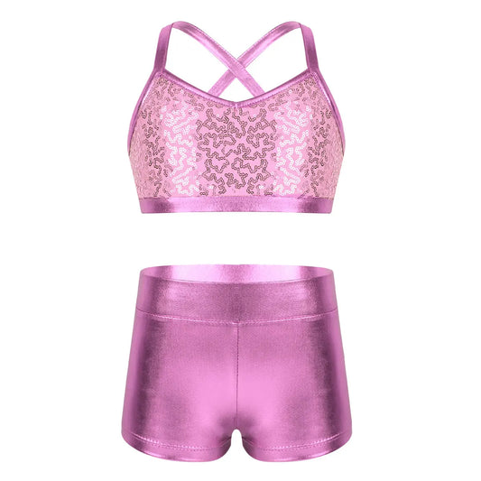 Girls Dance Gymnastics Leotard Sequin Top & Shorts (Age 6-14 YRS)