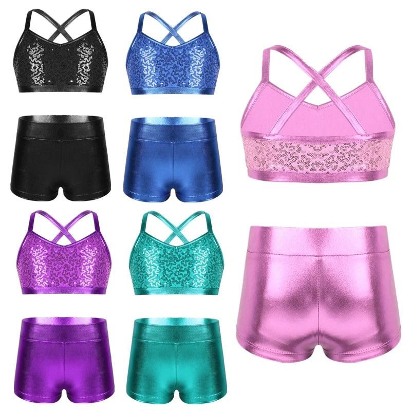 Girls Dance Gymnastics Leotard Sequin Top & Shorts (Age 6-14 YRS)