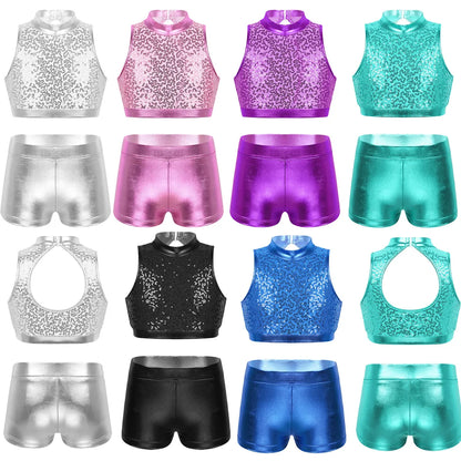 Girls Dance Costume Sequin Crop Top & Shorts Set (Age 6-12 YRS)