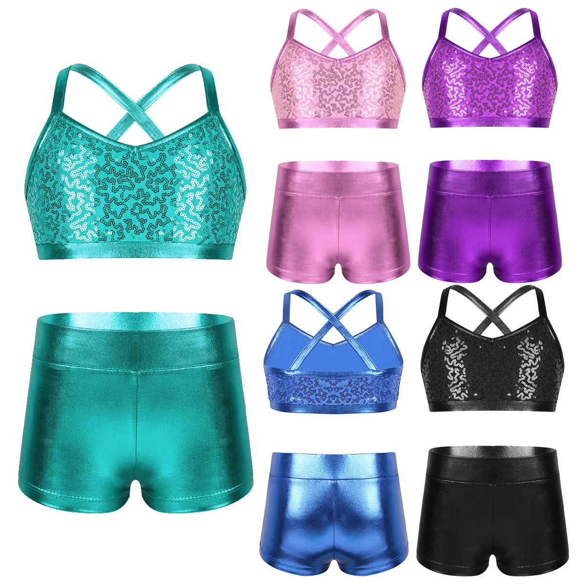 Girls Dance Gymnastics Leotard Sequin Top & Shorts (Age 6-14 YRS)