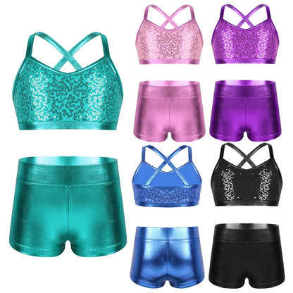 Girls Dance Gymnastics Leotard Sequin Top & Shorts (Age 6-14 YRS)