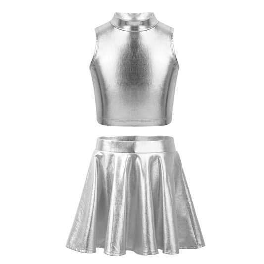 Girls Metallic Sleeveless Top & Flared Pleated A-Line Mini Skirt Set (Age 6-14YRS)