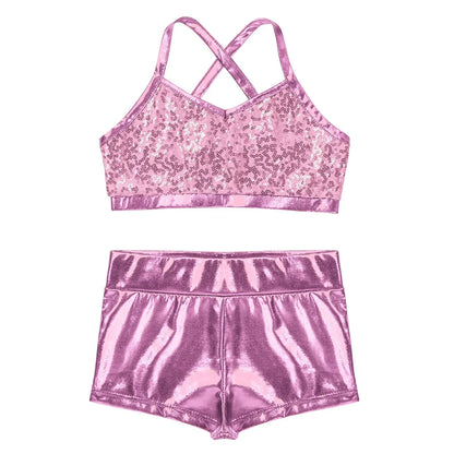 Girls Dance Gymnastics Leotard Sequin Top & Shorts (Age 6-14 YRS)