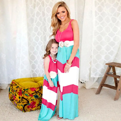 Mother & Daughter Matching Striped Maxi Dress (Mommy & Me) Coral