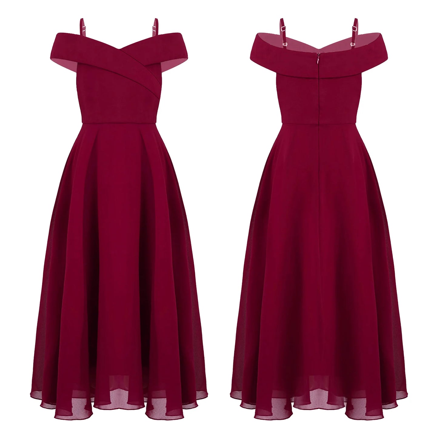 Girls Chiffon Off-the-Shoulder Adjustable A-Line Dress (Age 4-16 YRS) Burgundy