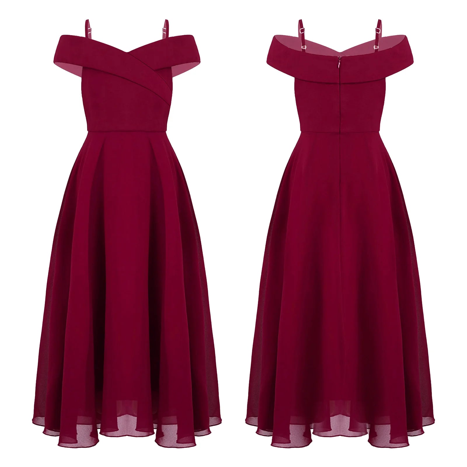 Girls Chiffon Off-the-Shoulder Adjustable A-Line Dress (Age 4-16 YRS) Burgundy