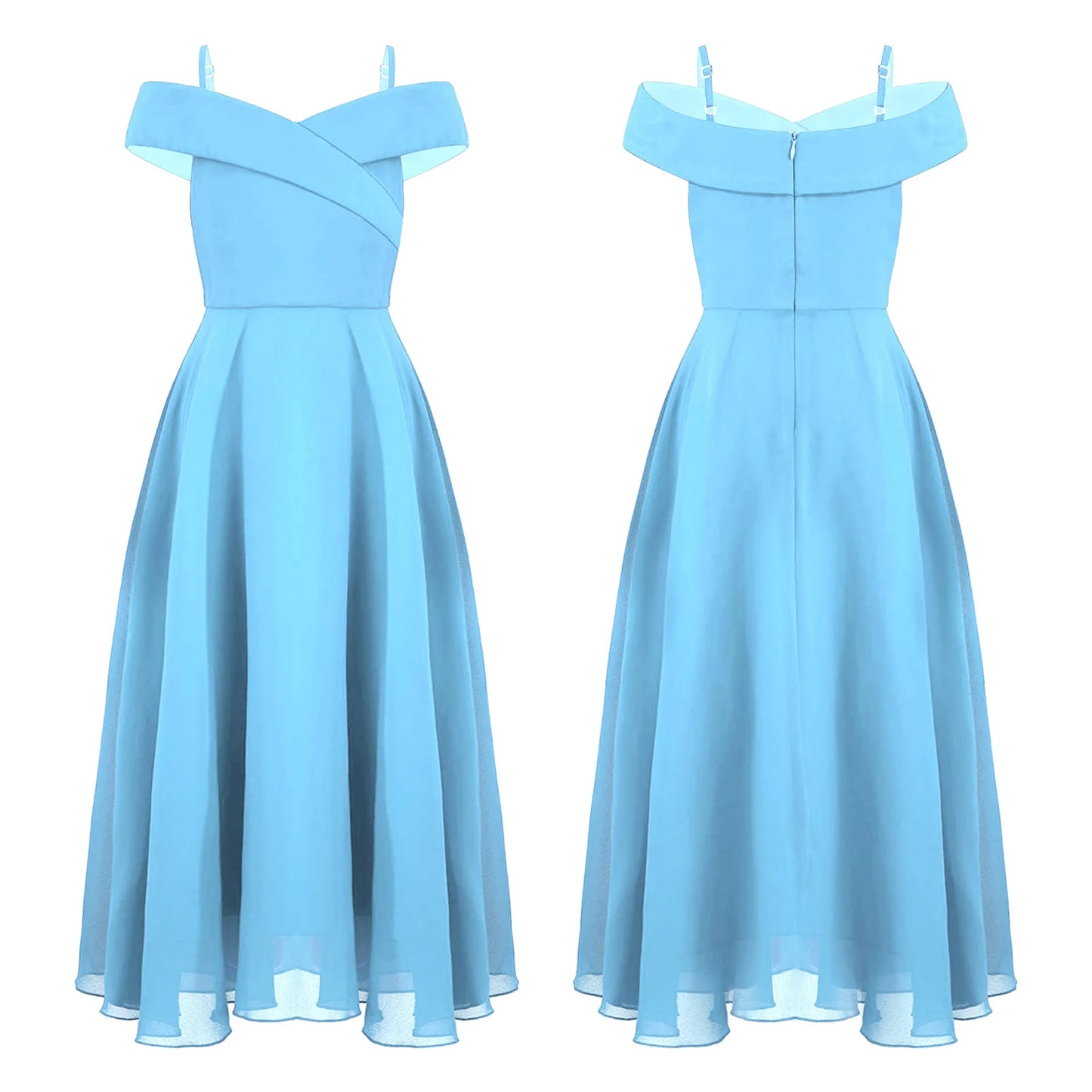 Girls Chiffon Off-the-Shoulder Adjustable A-Line Dress (Age 4-16 YRS) Light Blue