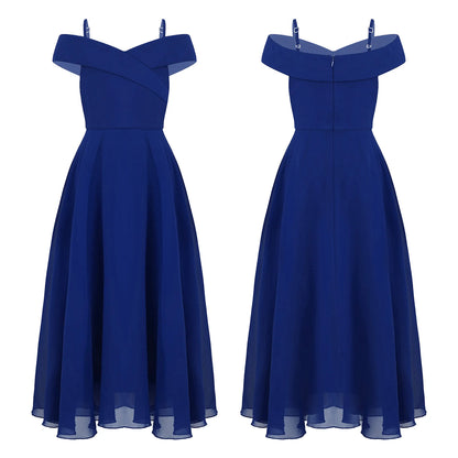 Girls Chiffon Off-the-Shoulder Adjustable A-Line Dress (Age 4-16 YRS) Blue
