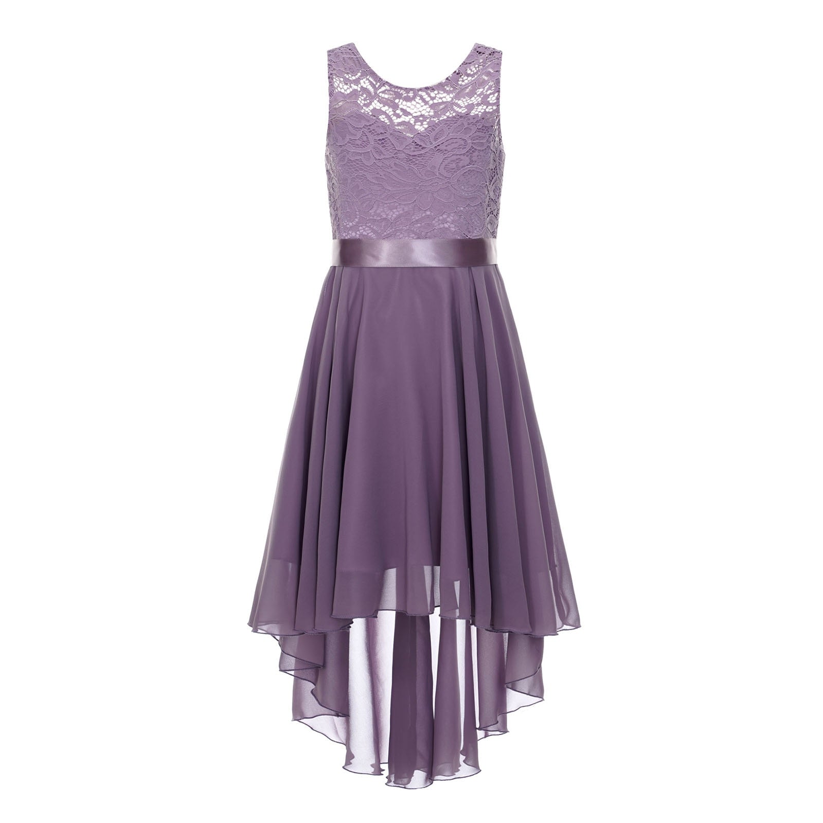 Girls Lace Floaty Dipped Hem Dress (Age 6-16 Years) Purple