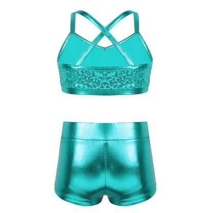 Girls Dance Gymnastics Leotard Sequin Top & Shorts (Age 6-14 YRS)