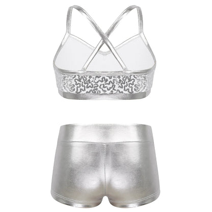 Girls Dance Gymnastics Leotard Sequin Top & Shorts (Age 6-14 YRS)