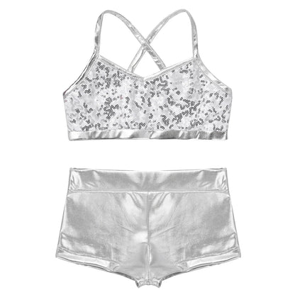 Girls Dance Gymnastics Leotard Sequin Top & Shorts (Age 6-14 YRS)