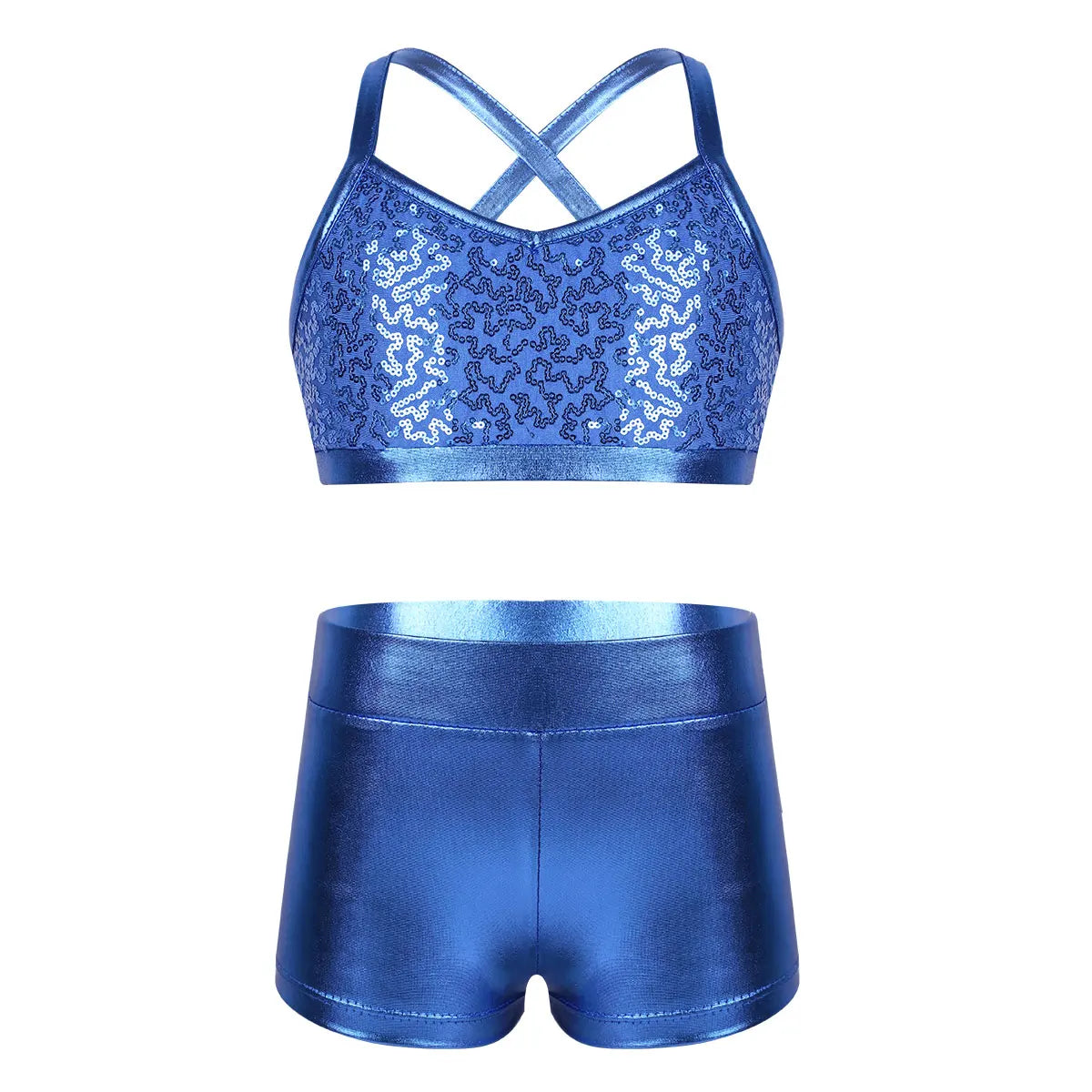 Girls Dance Gymnastics Leotard Sequin Top & Shorts (Age 6-14 YRS) Light Blue