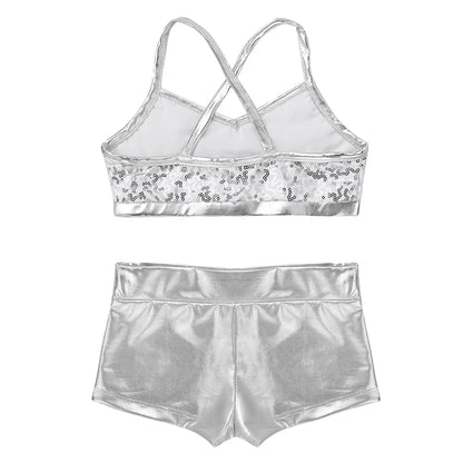 Girls Dance Gymnastics Leotard Sequin Top & Shorts (Age 6-14 YRS)