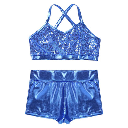 Girls Dance Gymnastics Leotard Sequin Top & Shorts (Age 6-14 YRS)