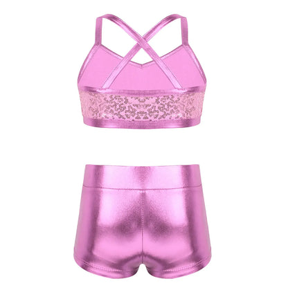 Girls Dance Gymnastics Leotard Sequin Top & Shorts (Age 6-14 YRS)