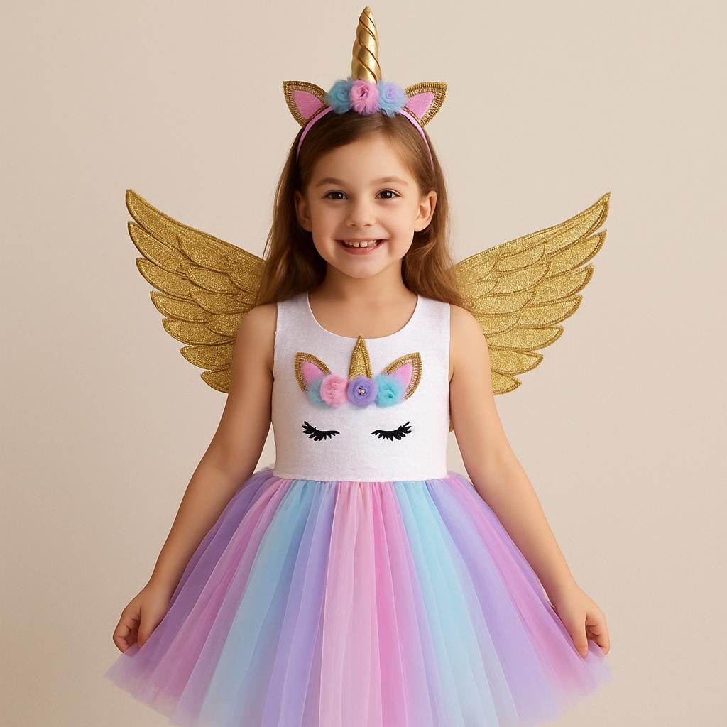 Girls Unicorn Sequin Tulle Dress Wings & Headband (Age 24M-12YRS)