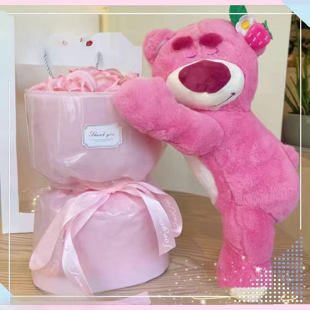Lotso “Lots‑o’-Huggin’ Bear” Plush Flower Bouquet | Cute Plush Rose Arrangement - Valentines Gift Pink Gift Bag [Bear 30cm] 6 Pink Roses + Light