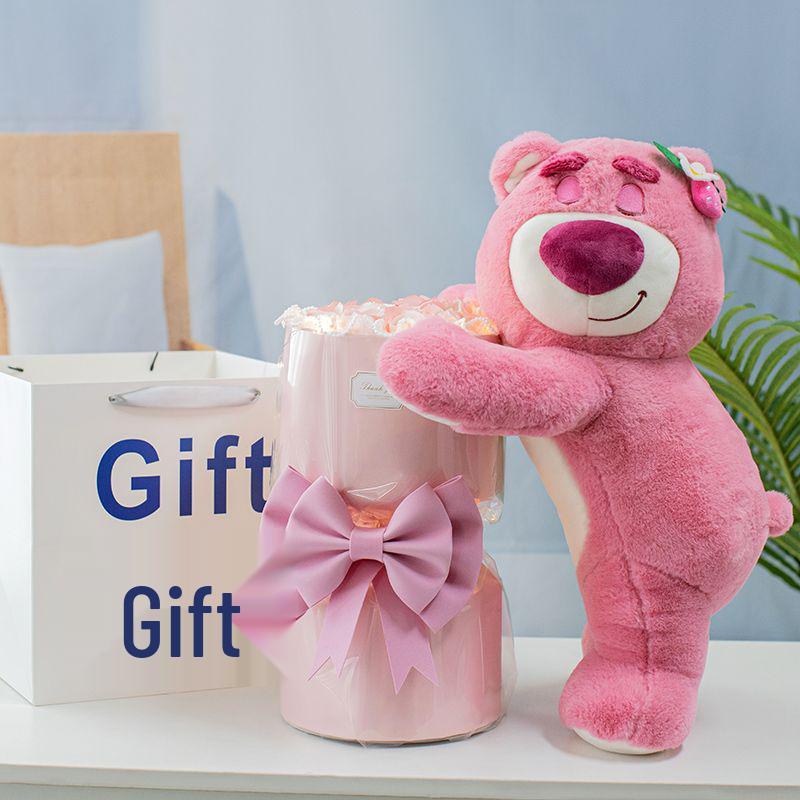 Lotso “Lots‑o’-Huggin’ Bear” Plush Flower Bouquet | Cute Plush Rose Arrangement - Valentines Gift Pink Gift Bag [Strawberry Bear 40cm] 11 Pink Roses + Light