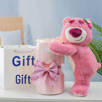 Lotso “Lots‑o’-Huggin’ Bear” Plush Flower Bouquet | Cute Plush Rose Arrangement - Valentines Gift Pink Gift Bag [Strawberry Bear 40cm] 11 Pink Roses + Light