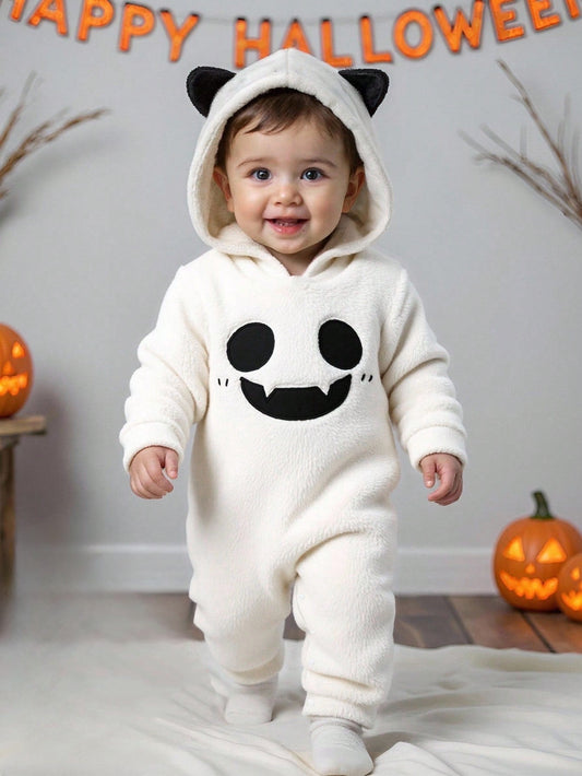 Baby Boys/Girls Fleece Ghost Hooded Halloween Jumpsuit (Age 6M-24M) White