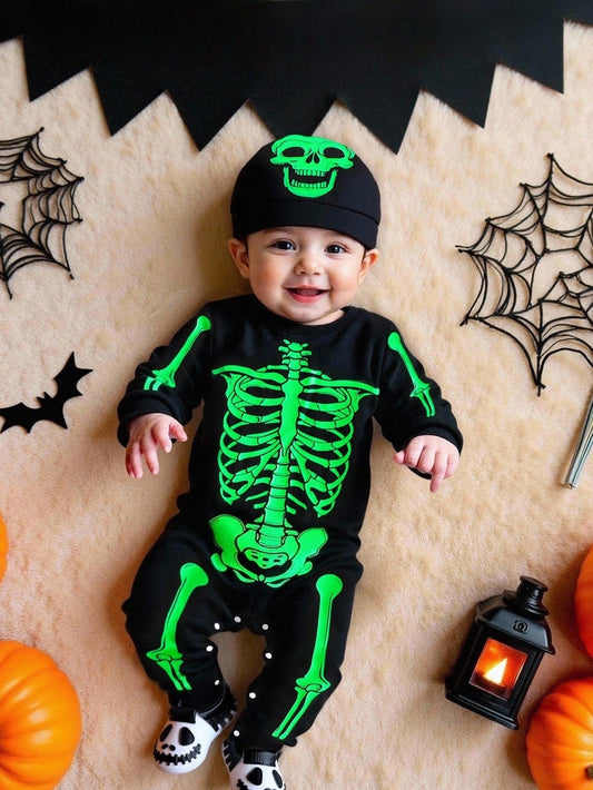 Baby Halloween Glow In The Dark Skeleton Jumpsuit & Hat (Age 3M-24M) Black