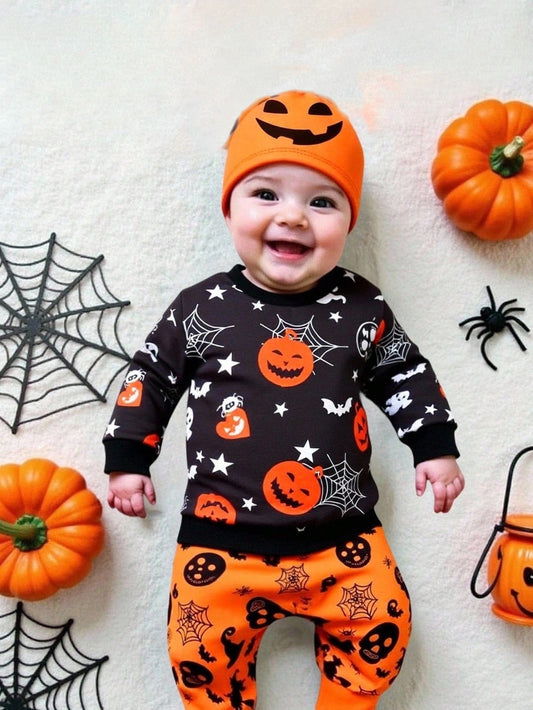 Pumpkin Surprise Halloween Baby/Toddler Sweatshirt – Graphic Print Pullover with Ghost Face & “Trick or Treat” Slogan | Ages 6M–3Y Black and White