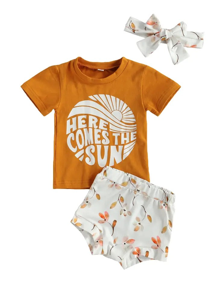 Baby Girls Brown T-Shirt Floral Shorts & Headband Set (Age 6m-24m)