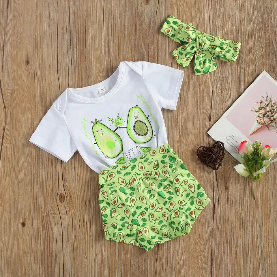 Baby Girls Green Bodysuit Avocado Shorts & Headband Set (Age 6m-24m)
