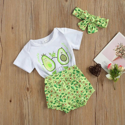 Baby Girls Green Bodysuit Avocado Shorts & Headband Set (Age 6m-24m)