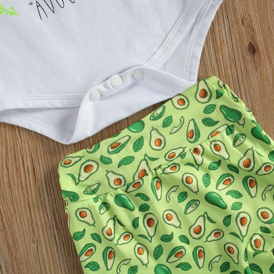 Baby Girls Green Bodysuit Avocado Shorts & Headband Set (Age 6m-24m)