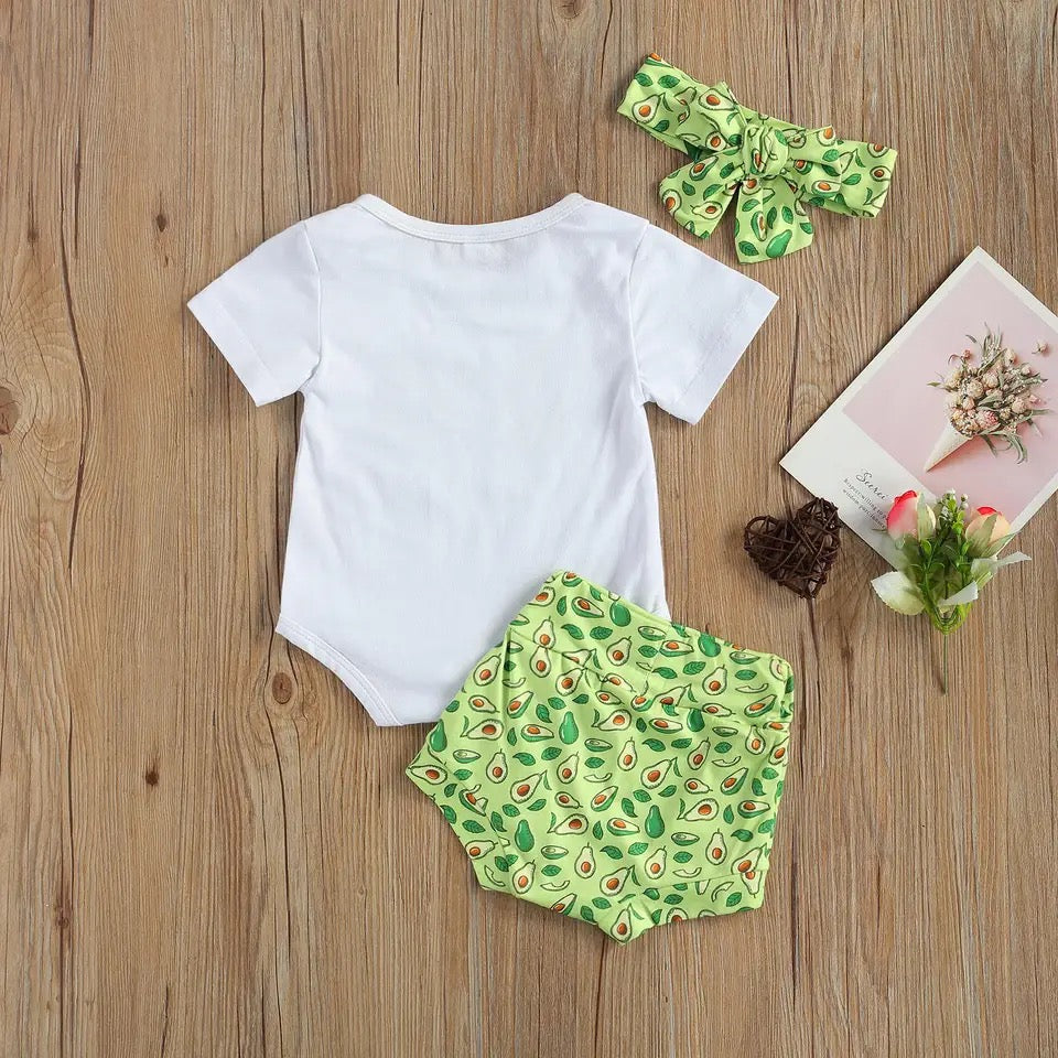 Baby Girls Green Bodysuit Avocado Shorts & Headband Set (Age 6m-24m)