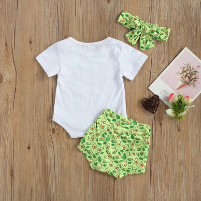 Baby Girls Green Bodysuit Avocado Shorts & Headband Set (Age 6m-24m)