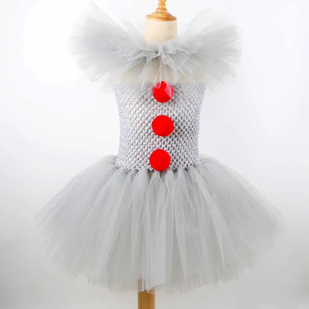 Girls Gray Joker Tutu Costume – Handmade Mesh Dress for Halloween & Cosplay | Ages 2–12Y