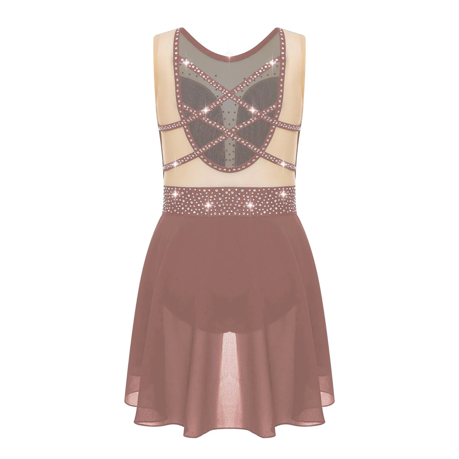 Rhinestone Gymnastics Figure Skating Dress for Teen Girls Sleeveless Sheer Mesh Tutu Ballet Leotard Lyrical Performance Costume