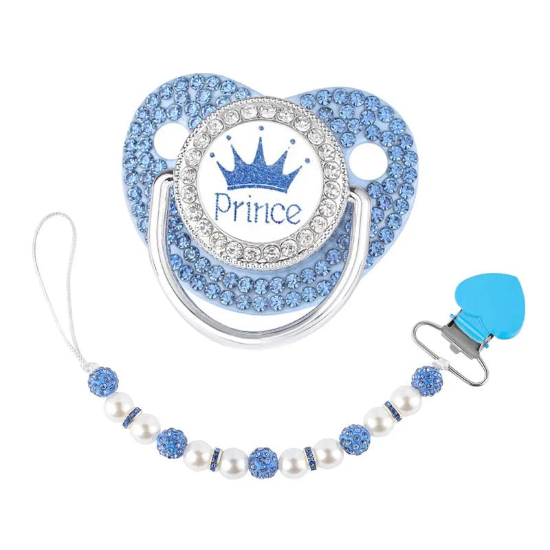 Luxury ‘Princess’ Rhinestone Crown Pacifier Dummy Clip Blue Beads