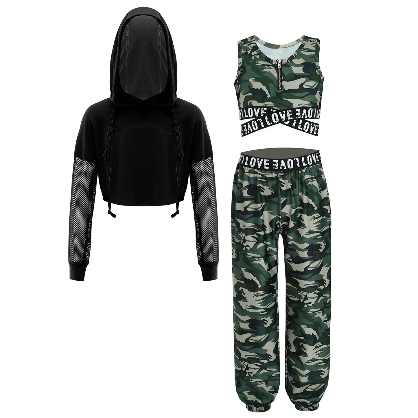 Girls Hip Hop Long Sleeve Drawstring Hooded Tops with Crop Top Pants Tracksuit (Age 6-14YRS)