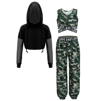 Girls Hip Hop Long Sleeve Drawstring Hooded Tops with Crop Top Pants Tracksuit (Age 6-14YRS)
