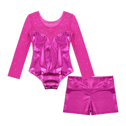Girls Sparkly Rhinestone Ballet Dance Gymnastics Leotard & Shorts (Age 4-12 YRS)