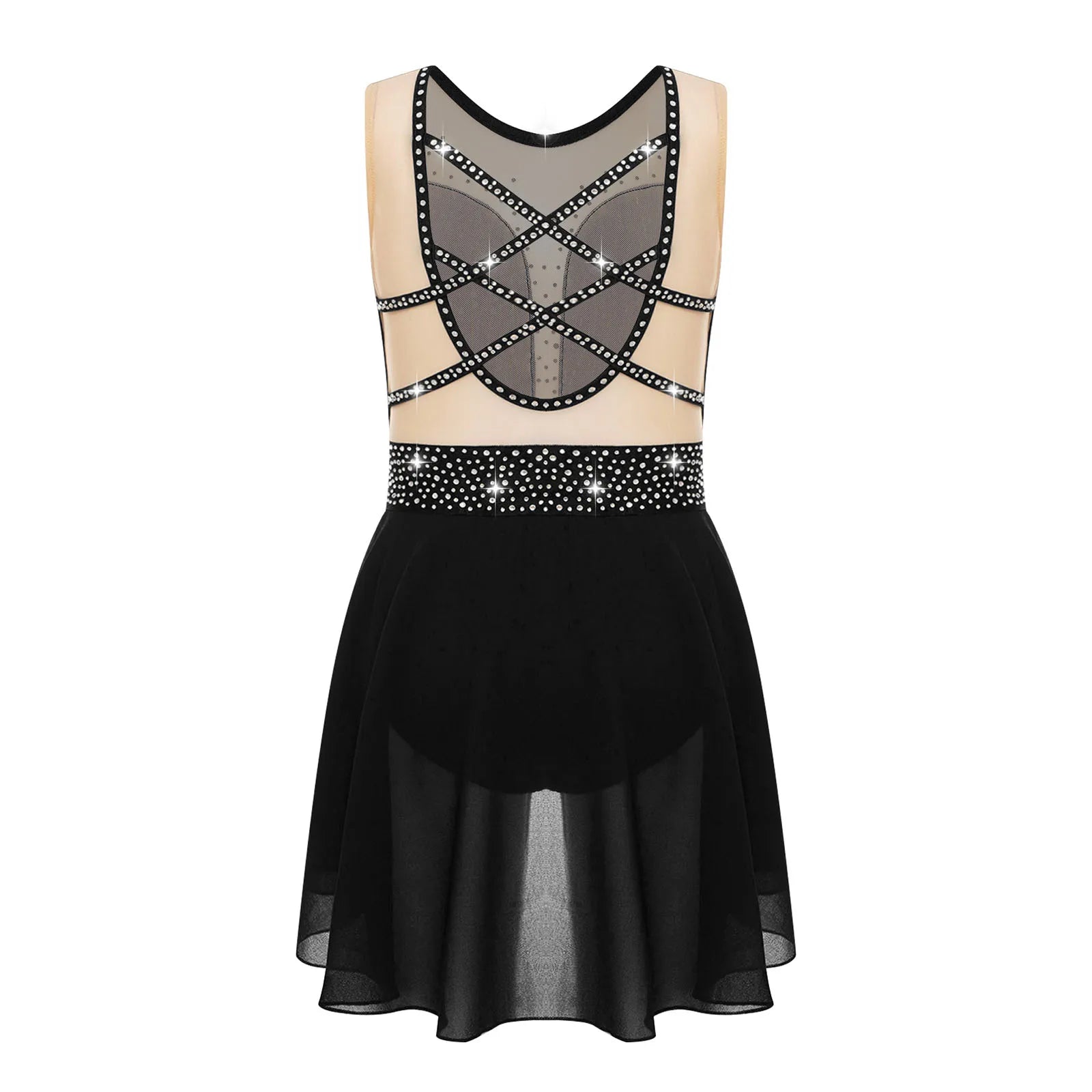 Rhinestone Gymnastics Figure Skating Dress for Teen Girls Sleeveless Sheer Mesh Tutu Ballet Leotard Lyrical Performance Costume