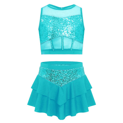 Girls Sequin Sheer Mesh Crop Top & Tiered Skirt Set (Age 6-16YRS)