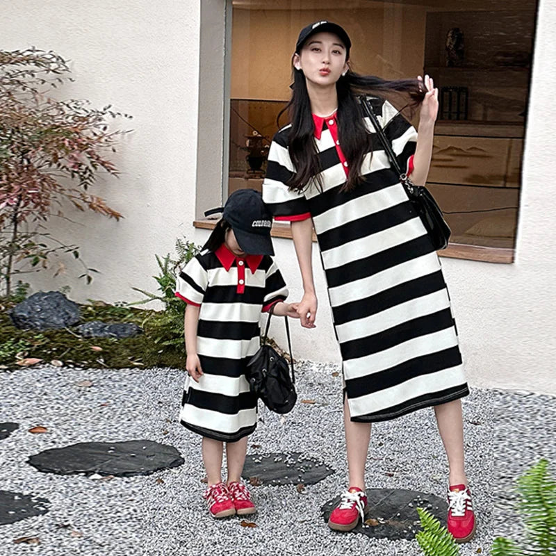 Mother & Daughter Black & White Stripe Mini Dress Black
